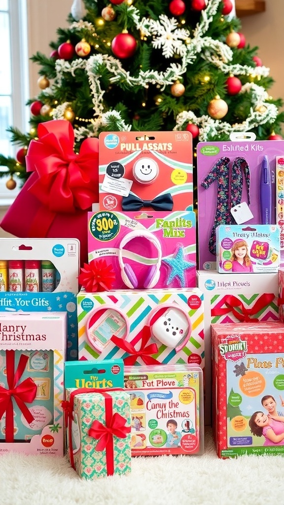 A collection of Christmas gifts for girls, including toys and accessories, arranged around a Christmas tree.